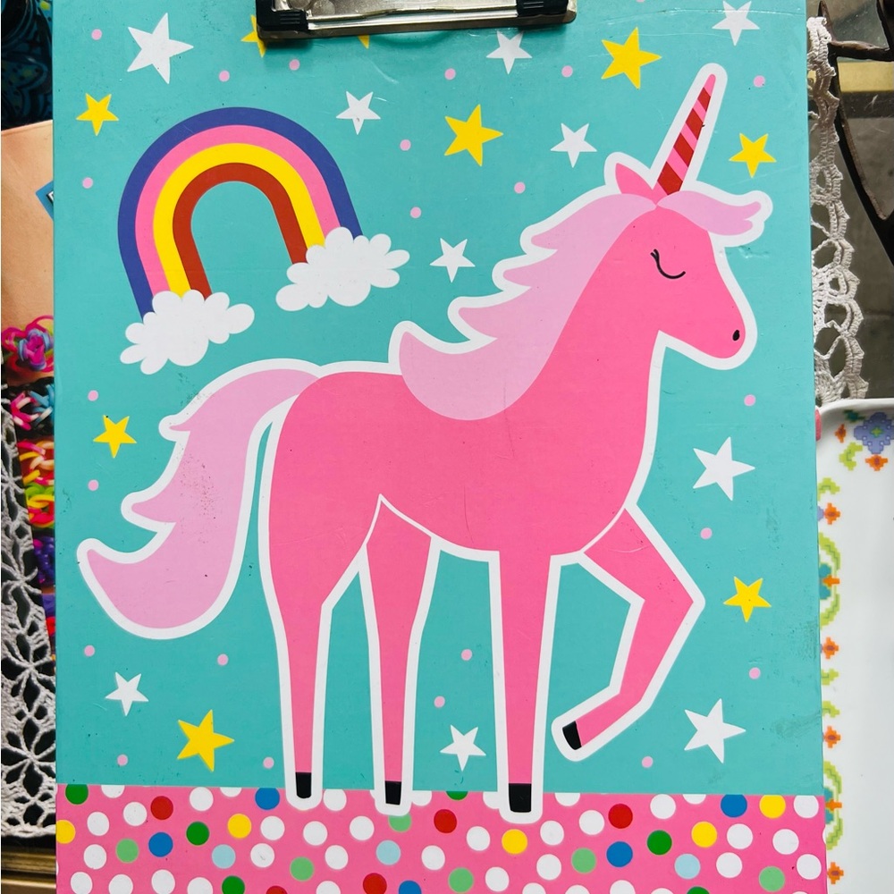 Pink Unicorn Clipboard for Kids with drawer of pencils crayons